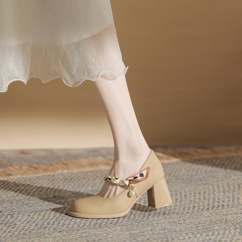 

Single shoes women s shoes are not tired in summer, small single shoes 6CM high thick heel metal chain ribbon single shoes single shoes women 39 хакі