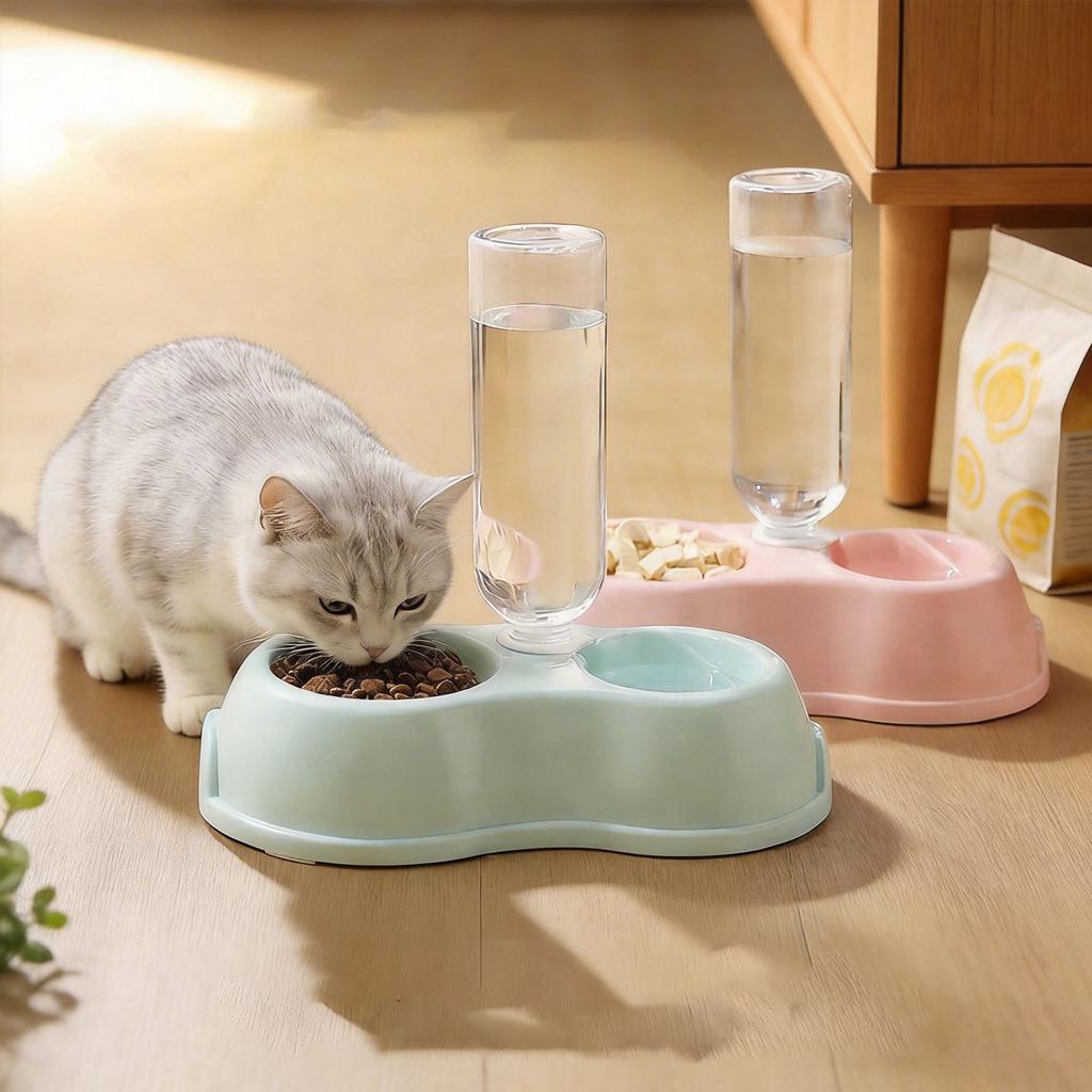 Double Plastic Pet Gamelle, Automatic Water and Food Dispenser for Dogs and Cats, Integrated Puppy and Kitten Gamelle, Daily Pet Food.