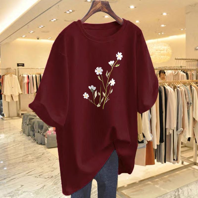 Cotton white short-sleeved t-shirt women's summer new flower print crew neck loose top bottoming shirt