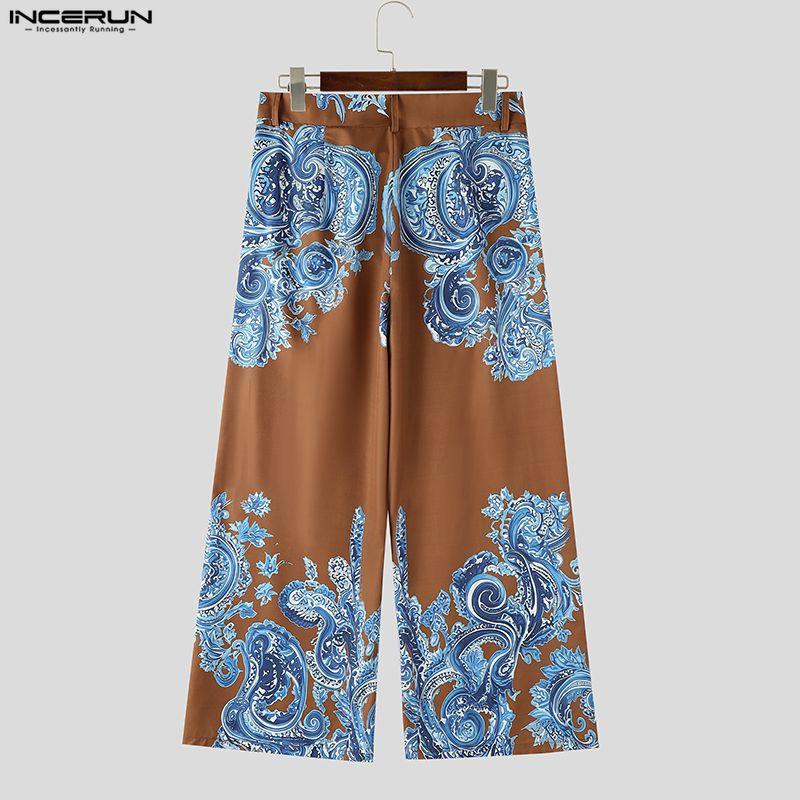 INCERUN Mens Vintage Paisley Print Wide Leg Trousers Casual Loose Straight Pants Bohemian Streetwear High Waist Bottoms