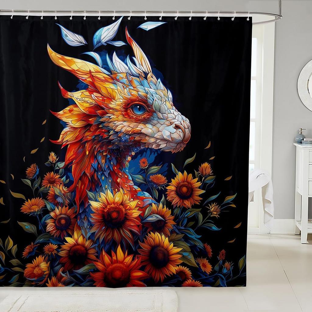 Yin Yang Dragon Bathroom Decor,Pink Cherry Blossom Shower Curtain Set For Boys Girls Kids,Oriental Japanese Style Bathroom Set