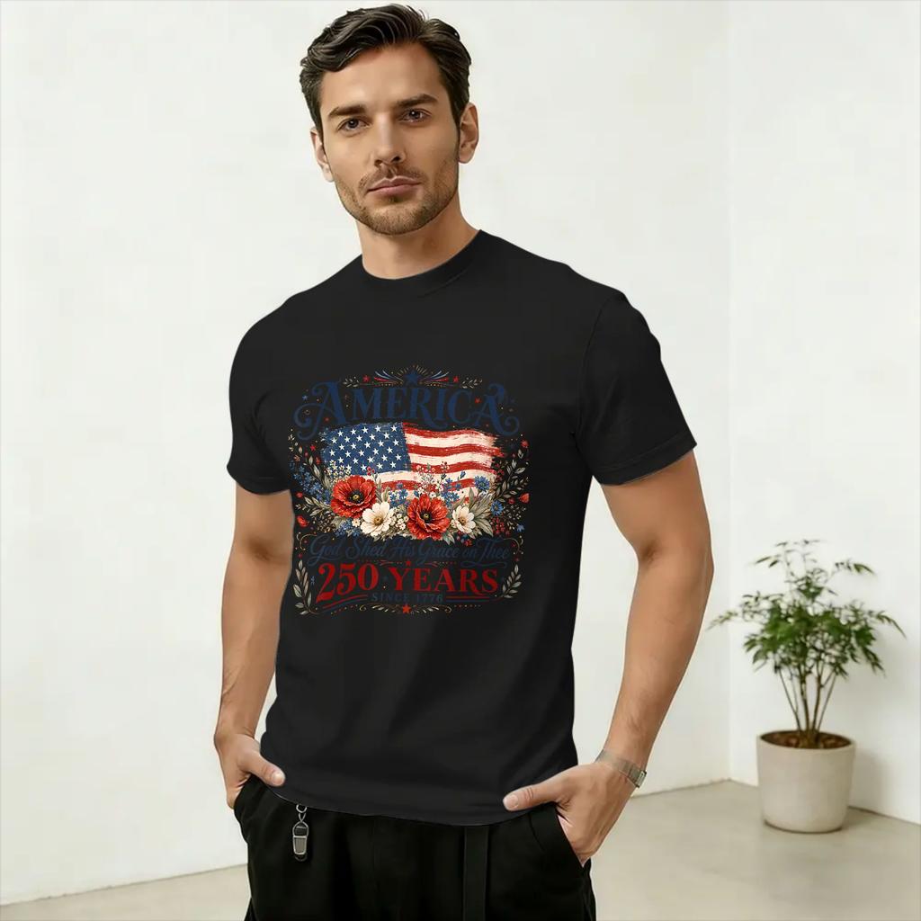 USA 250th Years America Floral Birthday Patriotic 4th of July TShirts for Unisex Vintage Cotton Crew Neck Short Sleeve Plus Size
