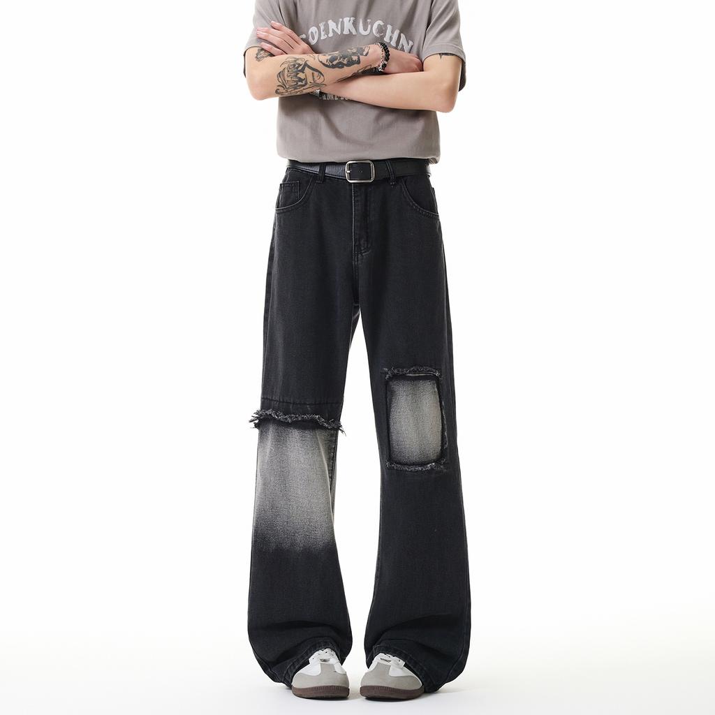 Summer soot charcoal black ripped jeans men's thin straight slightly pulled pants loose drop street style men's pants