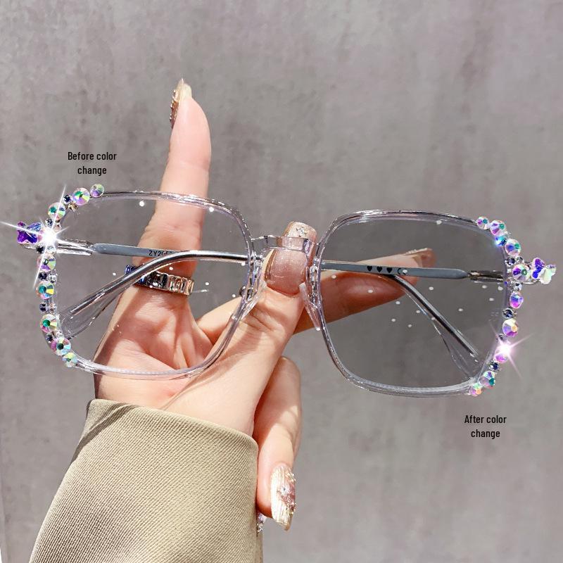 Women's Photochromic Glasses with Starry Sky Diamonds, Cross-Drilled Design, Ultra-Light Anti-Blue Light Frame