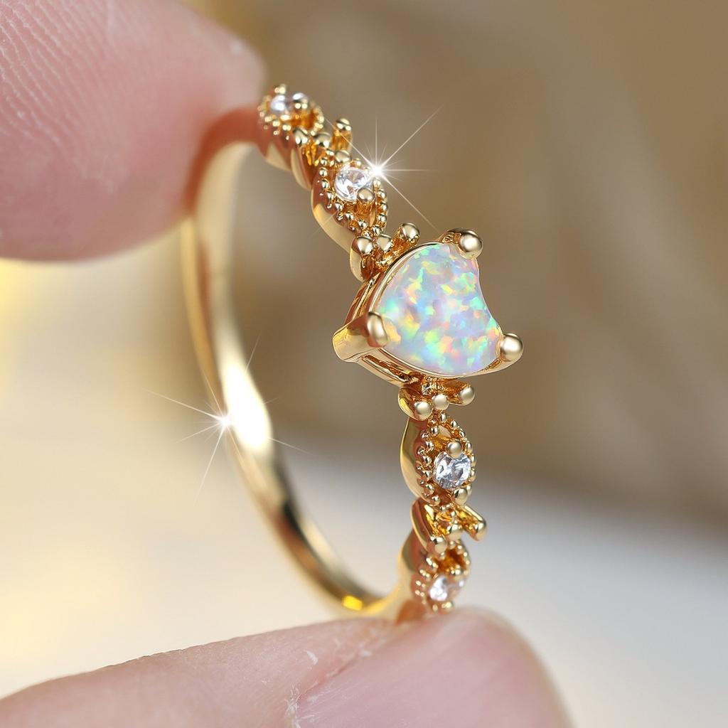 White Fire Opal Small Love Heart Stone Rings for Women Vintage Gold Color Engagement Bands Wedding Jewelry
