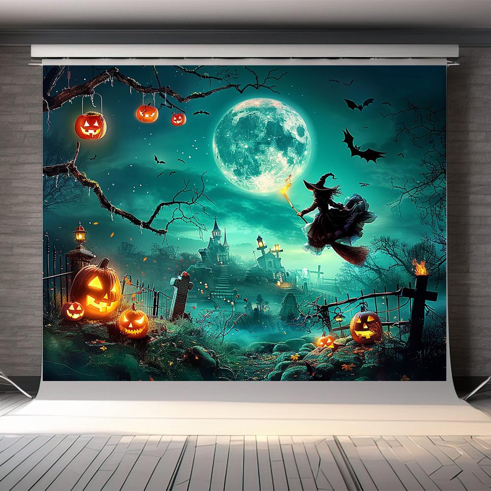 1pc, Halloween photography background - full moon night castle pumpkin party backdropzyc