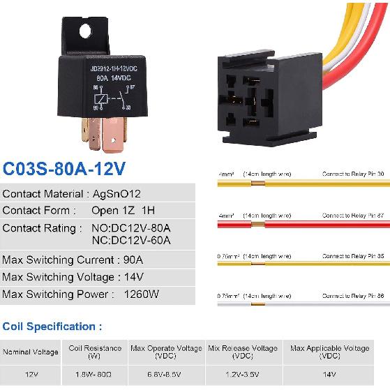 EHDIS 4-Pin Car Truck Motor Heavy Duty 80A 12V On/Off Normally Open SPST Relay Socket Plug With Harness - 4 Wire Automotive Model JD2912-1H-12VDC 80A