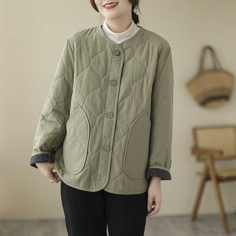 Retro Cotton Winter Quilted Warm Long-sleeved Padded Jacket Women's Solid Color Rhombic Padded Jacket Short Jacket