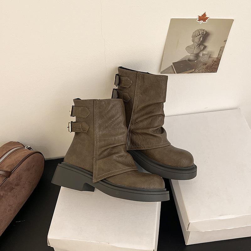 2025 new pleated stacked boots, trouser boots, soft leather thick-soled Martin boots, versatile brown short boots for women