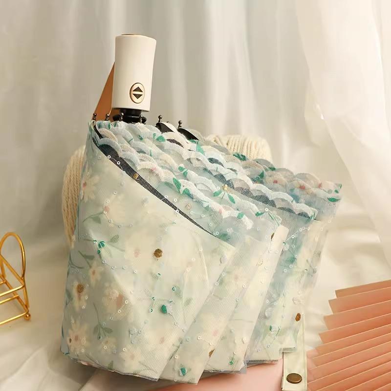 Double Layered Mini Five Fold Umbrella Embroidered with Flowers Black Glue Sun Protection UV Protection Rain Sunny Dual-purpose Sun Umbrella