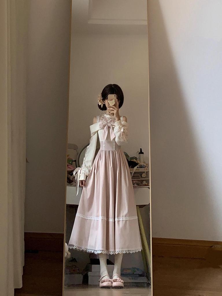 Women's Light Pink Off-Shoulder Dress: Autumn, Sweet Bow Tie, Lace Waist, Long and Trendy