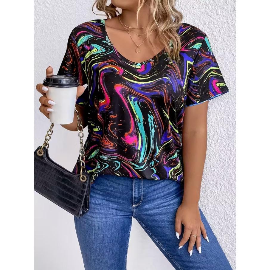 XL-7XL Damski T-shirt Plus Size z Gradientem, Casualowy, z Nadrukiem 3D, Luźny, z Dekoltem w Serek, z Krótkim Rękawem