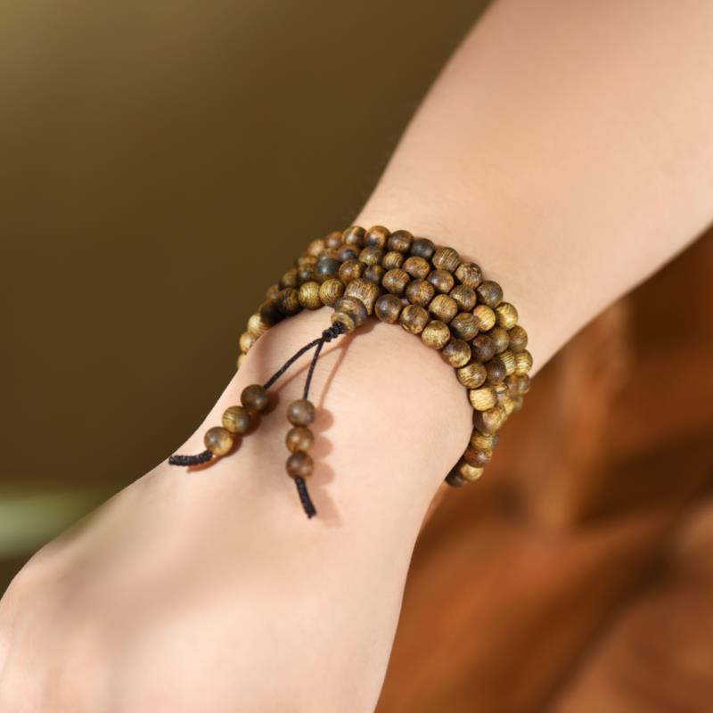 Hainan Yingge Green Qinan Agarwood Buddhist Beads Bracelet - Unisex Style, Five Fen Chen Beads, Free SF Express Shipping