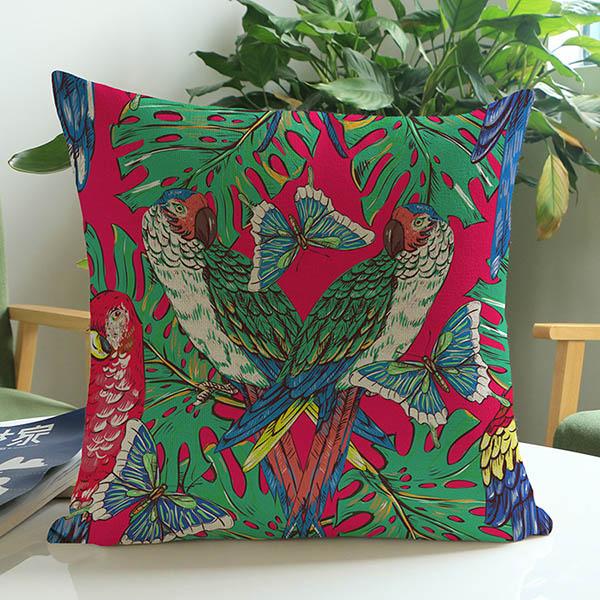 

Tropical Plant Leaves Flowers Flamingo Bird Parrot Home Decoration Couch Cushion Office Chair Back Pillow for Sofa Linen Cotton 45x45cm 18x18in