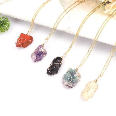 Amethyst Pendant Necklace: Irregular Raw Stone with Gold Wire Weaving