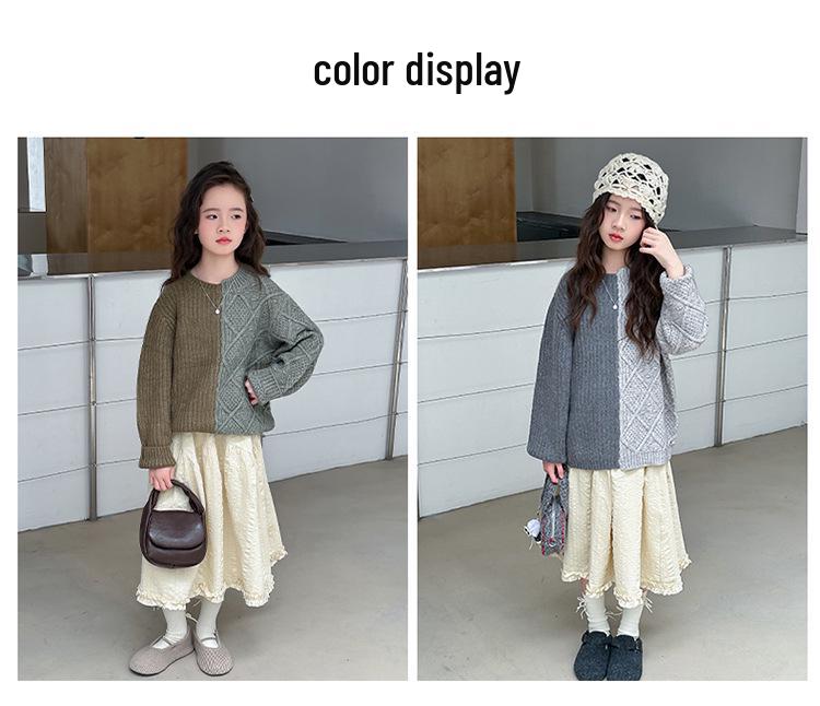 Herbst Winter 2025 Color Block Strickpullover für Mädchen - Trendiges Lazy-Style Oberteil