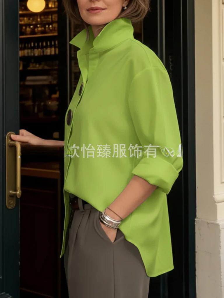 New Spring/Summer Solid Color Stand Collar Metal Button Long Sleeve Shirt