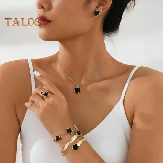 5 szt./zestaw Damski zestaw biżuterii Szczęśliwy kwiatowy dekor Mieniące się cyrkonie Naszyjnik Bransoletka Mankiet Kolczyki Pierścionek Zestaw Biżuteria modowa