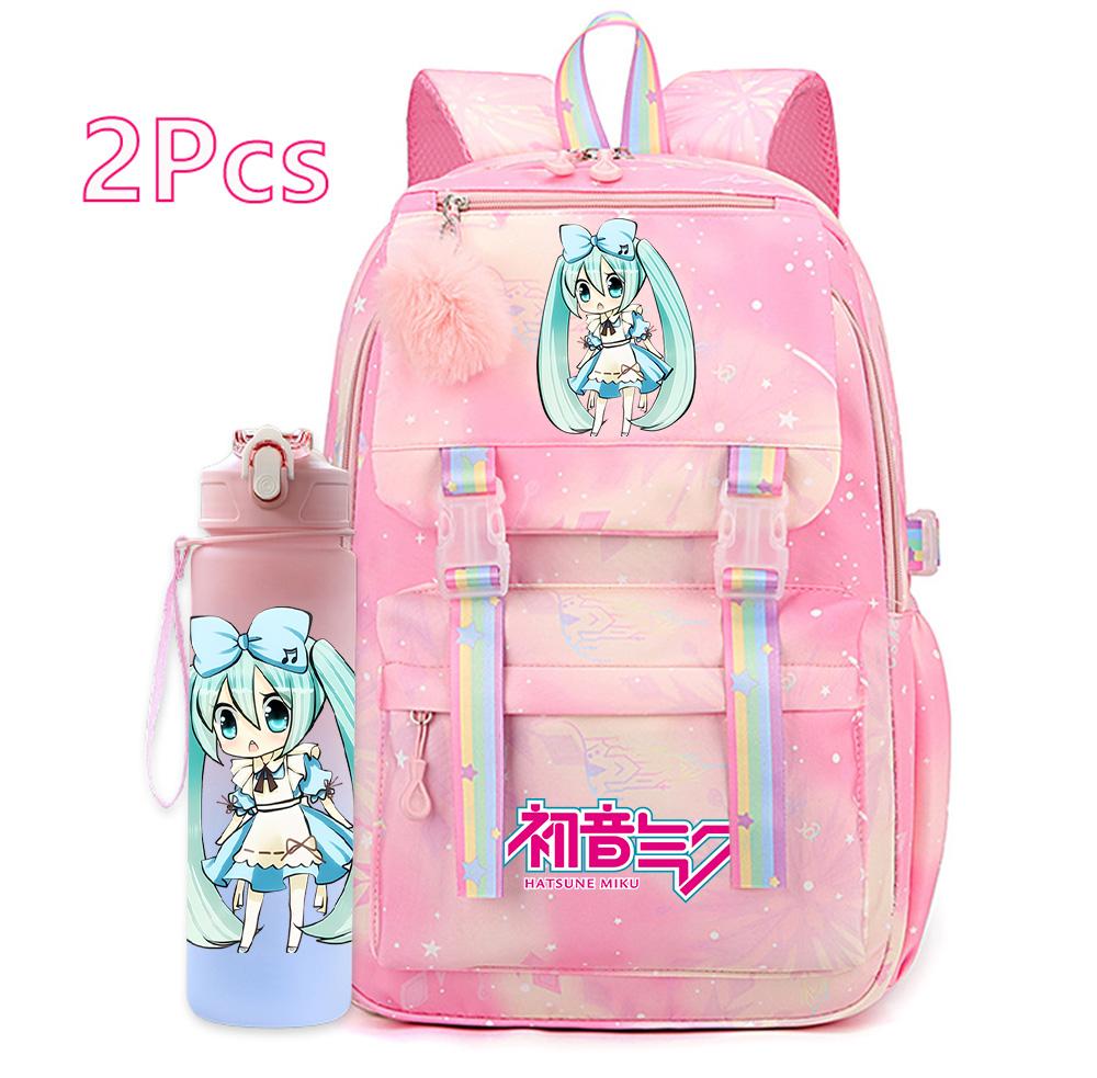 2 st/set Söt Hatsune Miku-tryckt Ryggsäck med 750 ml Vattenflaska för Tonårsflicka Pojke Skolväska Stor Kapacitet Vattentät Resväska Gåva