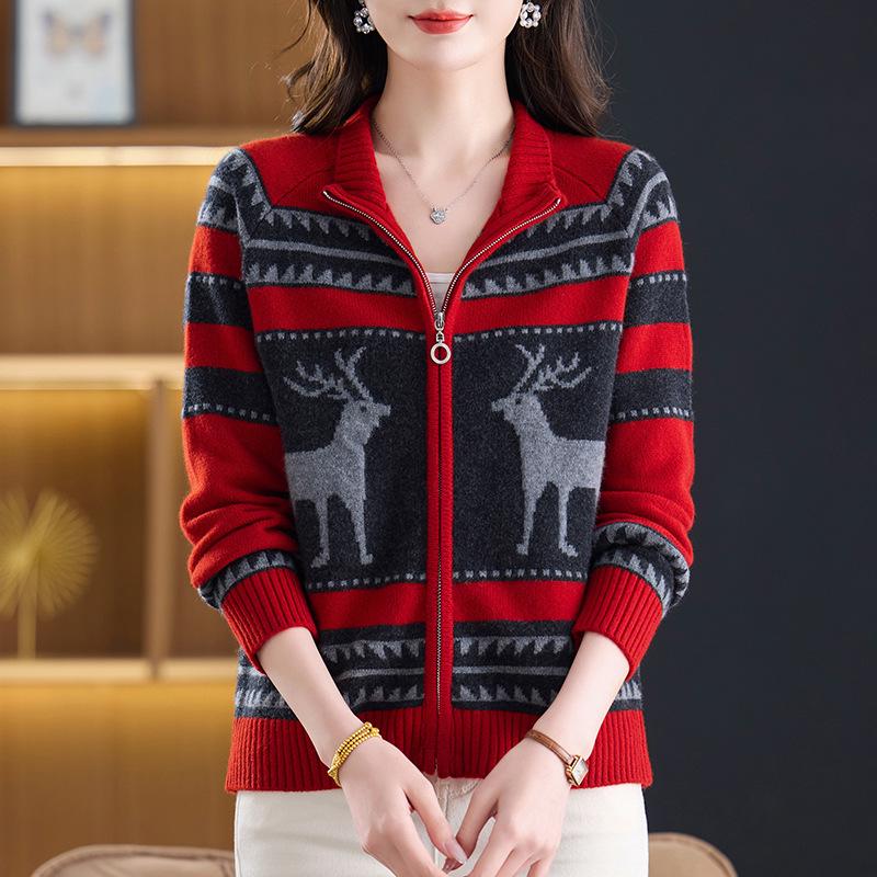 Stylish Jacquard Knit Zipper Cardigan for Women - Age-Defying Mid-High Collar Sweater Coat