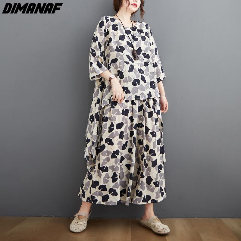 

DIMANAF Комплекты Костюм Женская Одежда Повседневный Принт Vinatge Элегантная Леди Топы Рубашка Свободные Длинные Брюки Женские Комплекты Костюм Летний Оверсайз