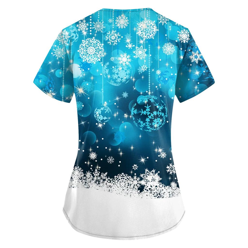 Women's Fashion V-neck Short Sleeve Workwear With Pockets Christmas Printed Tops