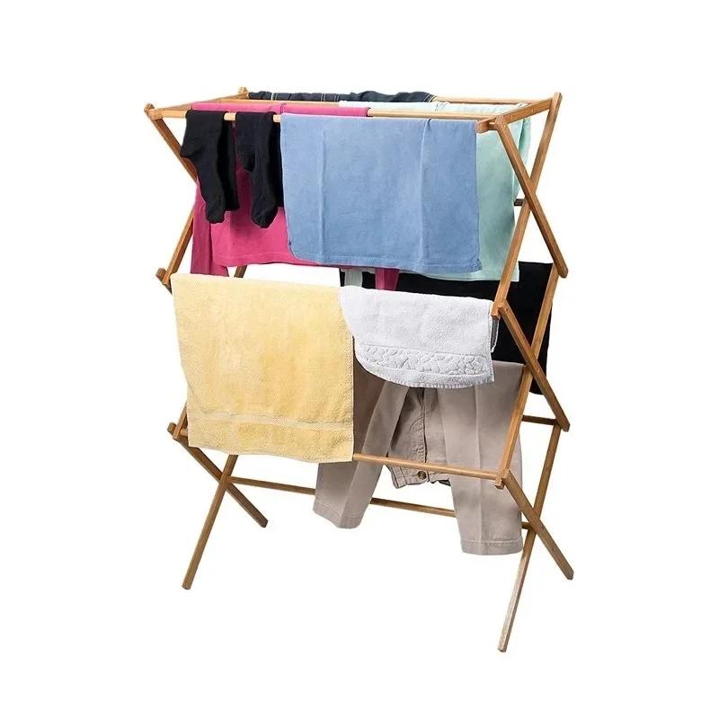 Bamboo Floor Clotheshorse Clothes Drying Rack Towels Hanging Folding Laundry Dryer Stand Storage Organizer