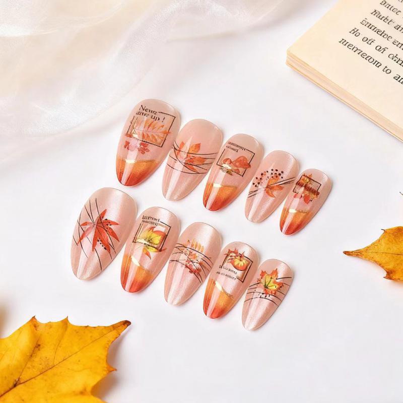 24-Piece Set: Autumn/Winter 3D Cat Eye Maple Leaf Almond Nail Art Tips