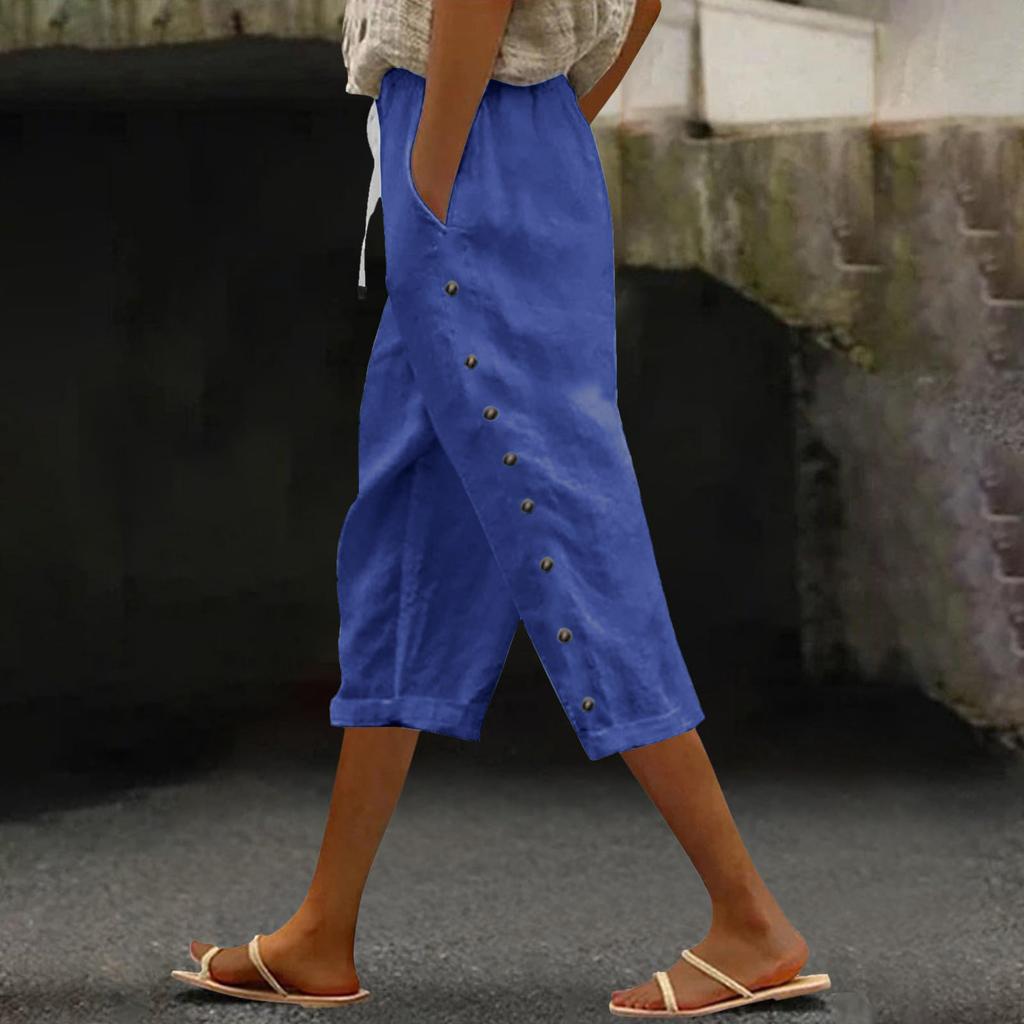 Women's Fashion Loose Casual Splicing Button Drawstring Solid Color 3/4 Pants
