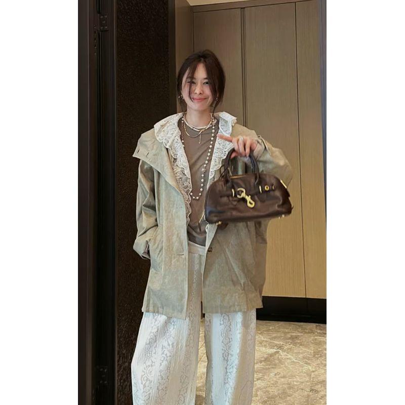 

Европейская станция Осенняя одежда Женщины 2025 Новое поступление Женская одежда Элегантная Милая Соль Кэжуал Плащ Тренч с капюшоном из кружева Верхняя одежда Женщины Khaki S