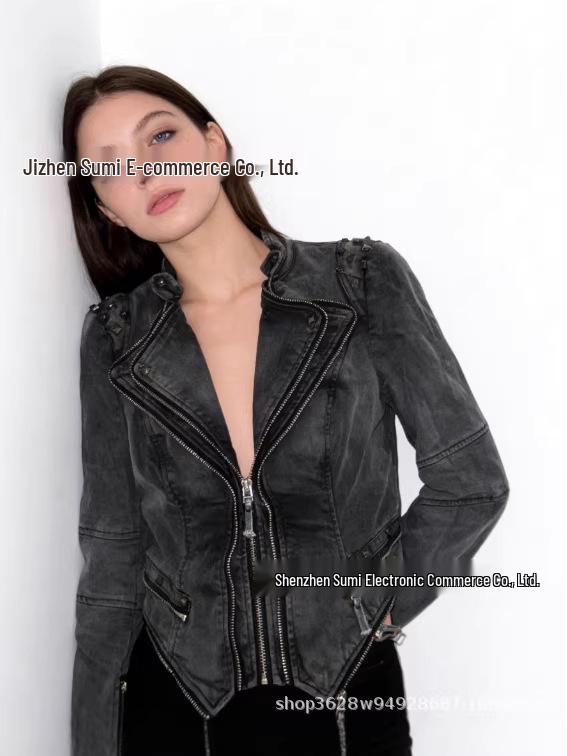 

Dark Rivet Multi-Zipper Distressed Punk Jacket - European & American Style Women s Slim Waist Outerwear Medium
