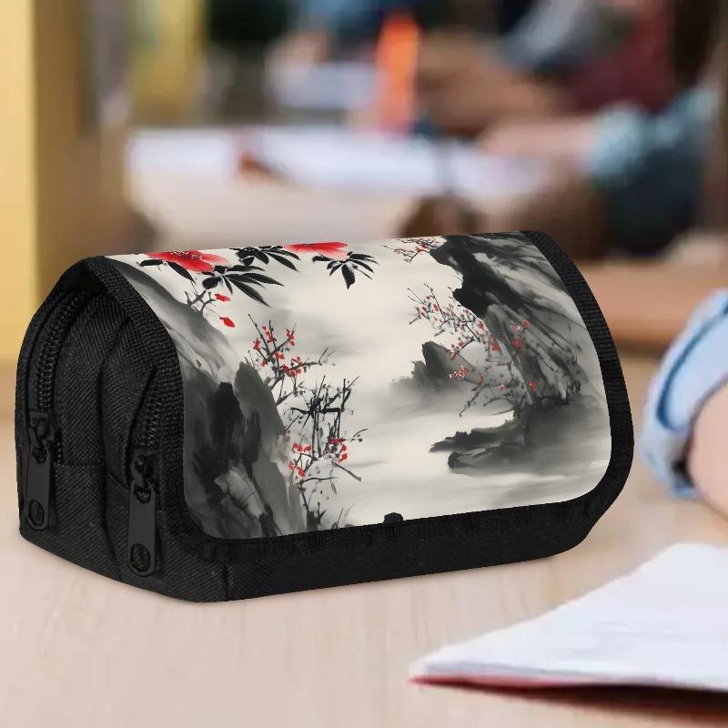 1pc Traditional Chinese Ink Wash Art Pencil Case - Large Capacity Double-Layer Flip-Top School & Office Organizer with Black/White Asian Calligraphy D