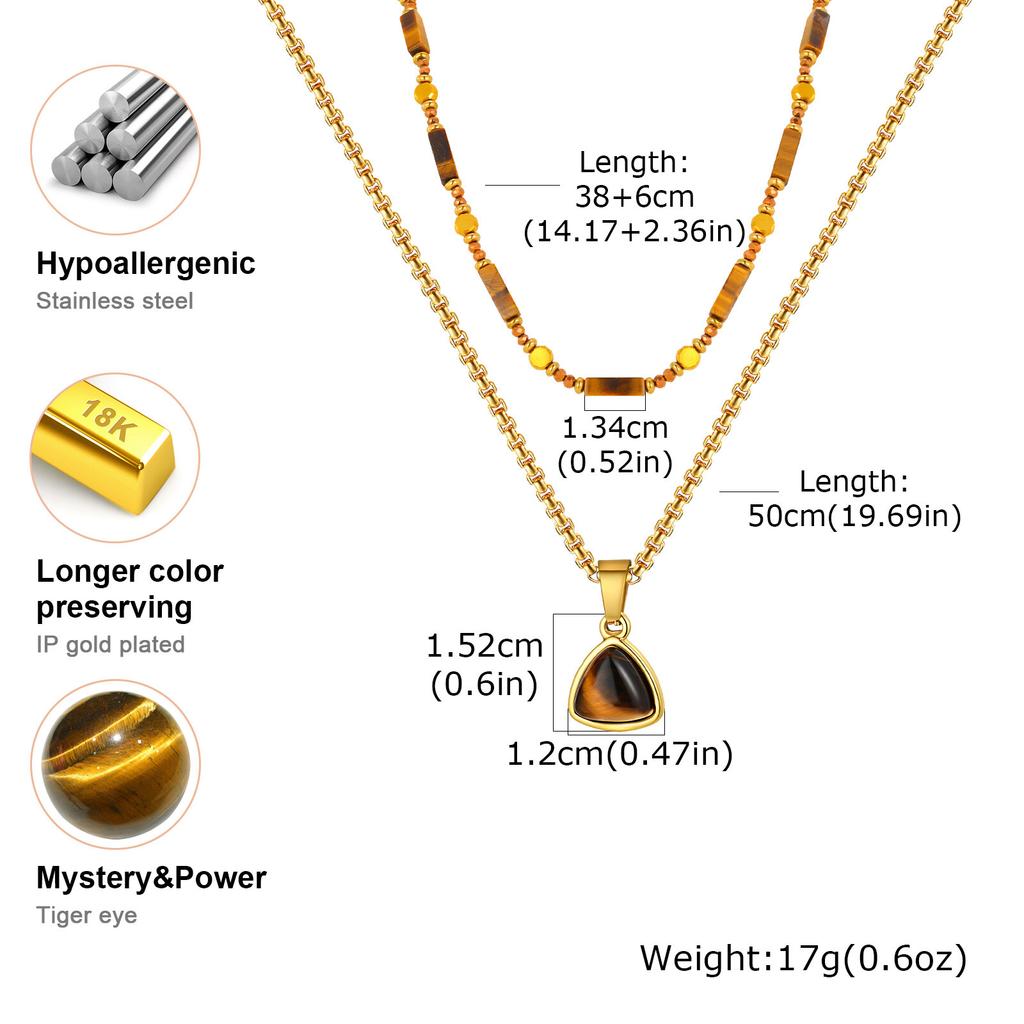 Collier œil de tigre naturel pour femme, Collier ras-de-cou superposé avec pendentif perlé style bohème, Bijou pierre irrégulière