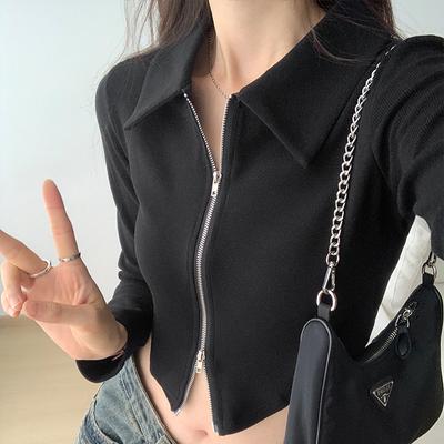 Design Nische Polo-Kragen Langarm-T-Shirt Damen Frühher Herbst Neu Geripptes Kurztop Reißverschlussjacke