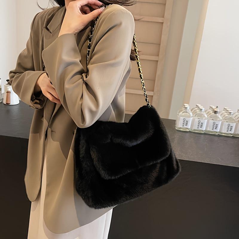 Chic Olive Green Plush Shoulder Bag With Chain Strap Magnetic Closure Faux Fur Crossbody Handbag For Women