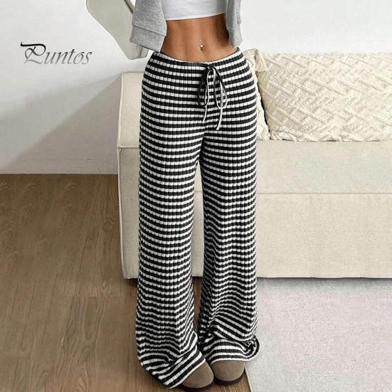 Comfortable Pants Women Casual Wide Leg Trousers Elastic Waist Adjustable Striped Drawstring Design Loose Fit Daily Wear