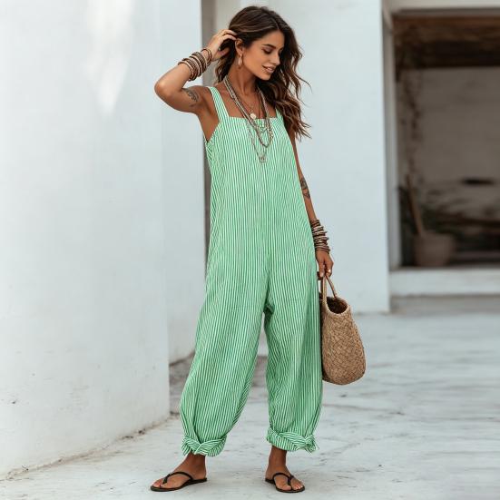Loose Striped Wide Leg Jumpsuit for Women, Square Neck Sleeveless Wide Leg Rompers with Pockets, Casual Summer One Piece Outfit