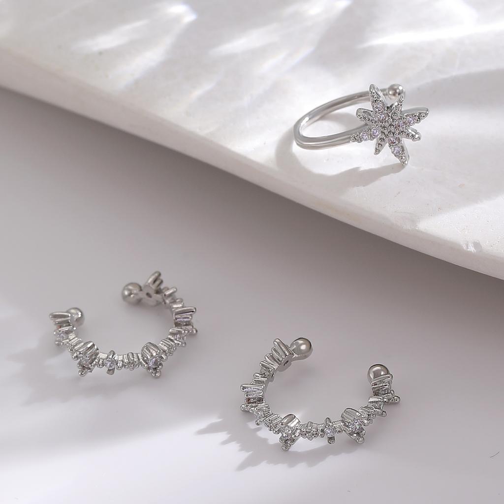 2026 New zircon octagram three-piece set of ear clips, no ear piercings, mango super flash set, ear bone clips and earrings.