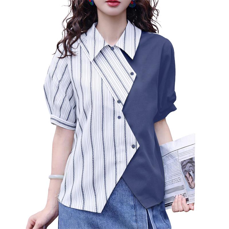 

ZANZEA Женская повседневная блузка с отложным воротником, летняя, с коротким рукавом, в полоску синий