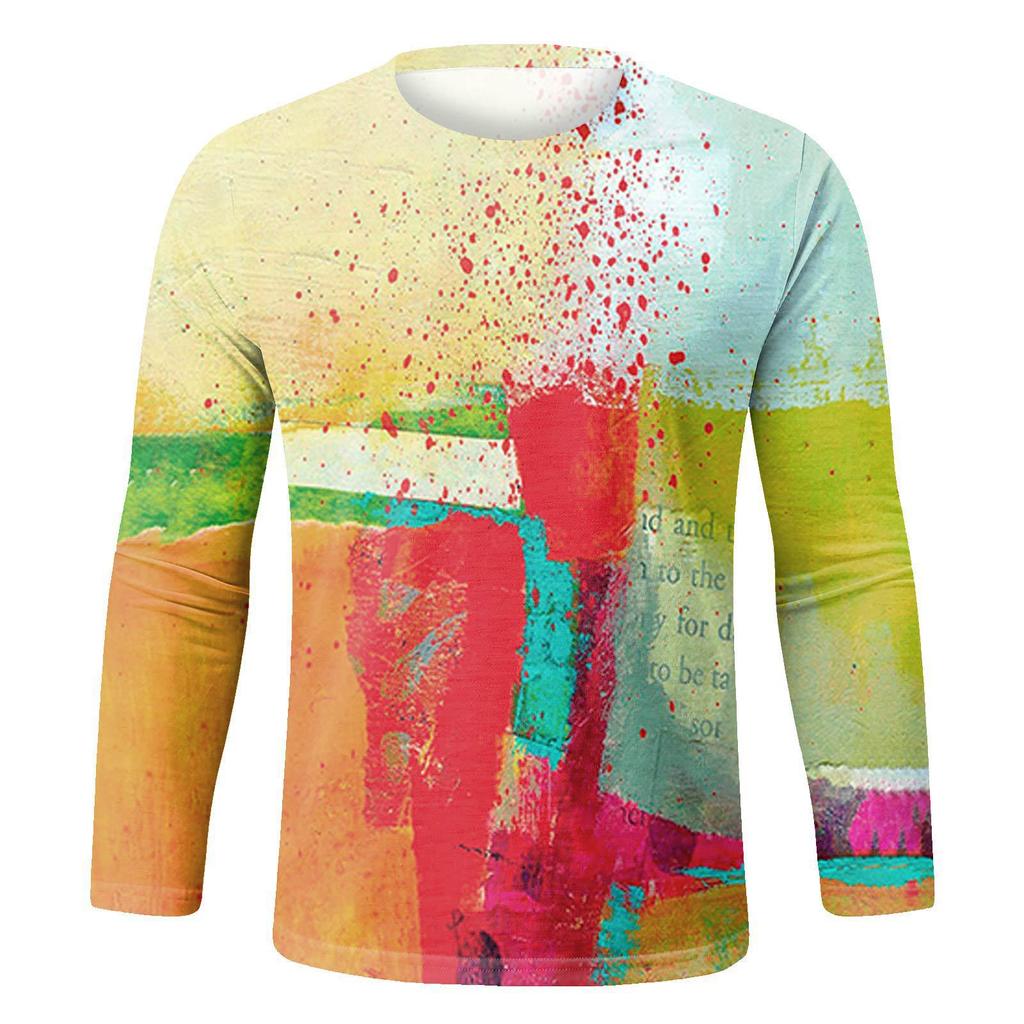 Spring and Autumn Round Neck 3D Printed Top Fashionable Casual Colorful Long Sleeved Men's T-shirts