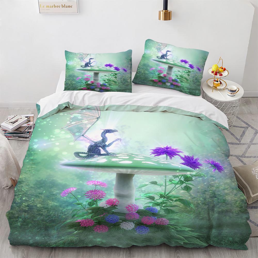 Niedliches Pilzmuster Polyester Bettwäscheset Magisches Pilzhaus King Queen Full Size Bettbezugset Erwachsene Kinder Bettdeckenbezug