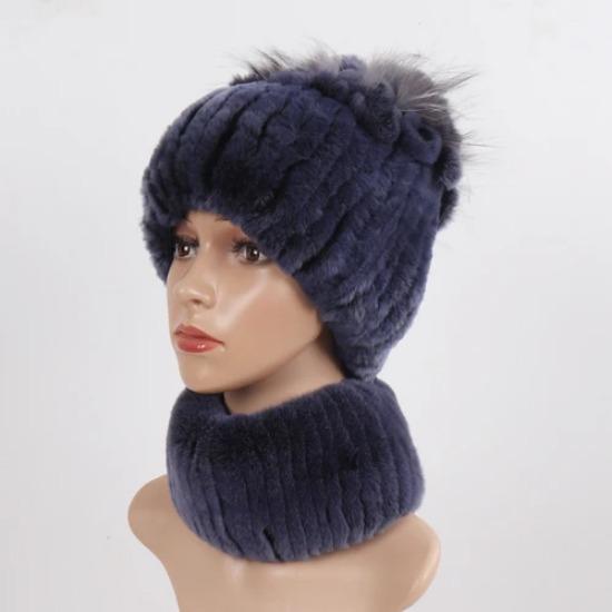 Knitted Women Warm Rex Rabbit Fur Hat Scarf Sets Winter Natural Rex Rabbit Fur Cap Scarves Russia Lady Fur Hats Muffler 2 Pieces