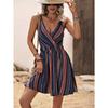 Women's V Neck Sleeveless Mini Dress Loose Elastic Waist Striped Wrap Sundress