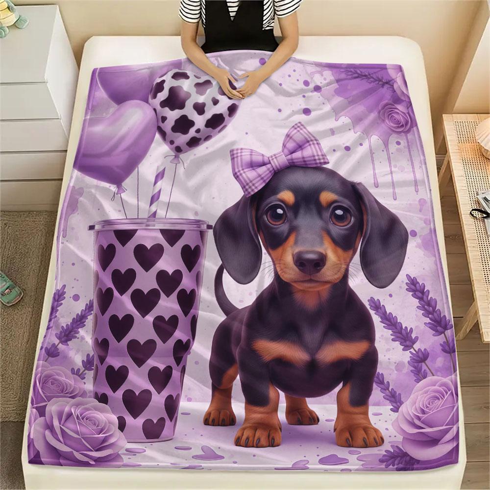 1Pc Dachshund Print Flannel Blanket, High quality Comfortable for All Seasons, Home Decor, Warmth and Comfort, Perfect for Christmas Gifts