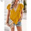 DX~~Short Sleeved Shirt Women's Summer Style Commuting V-neck Ruffle Top