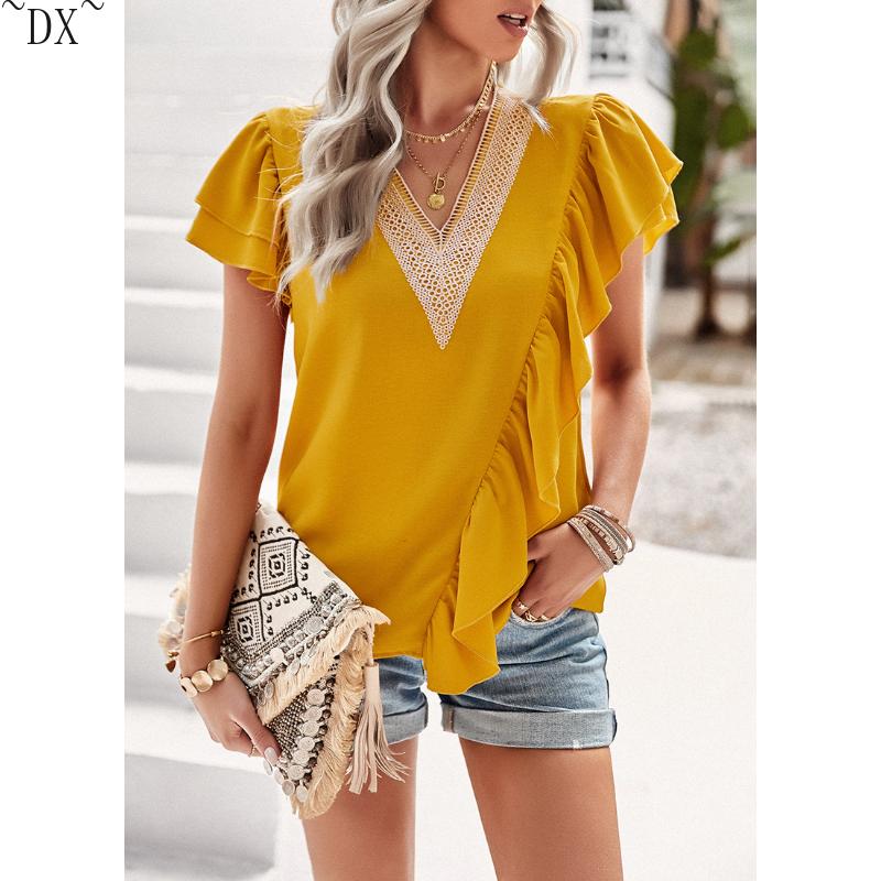 DX~~Short Sleeved Shirt Women's Summer Style Commuting V-neck Ruffle Top