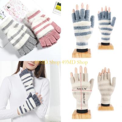 49MD Knitted Fingerless Gloves Winter Striped Gloves Cartoon Mitten with Top
