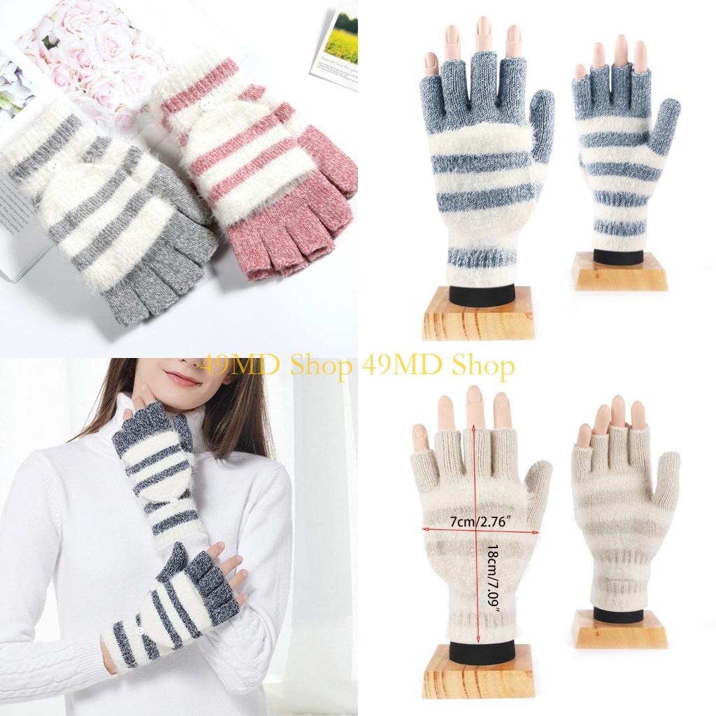 49MD Knitted Fingerless Gloves Winter Striped Gloves Cartoon Mitten with Top