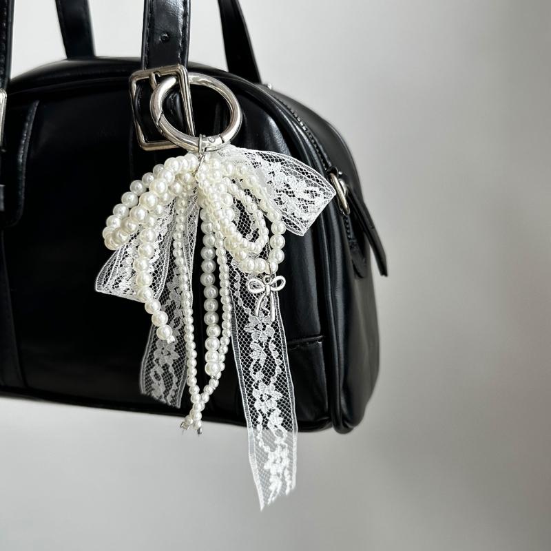 Stylish Imitation Pearls Beaded Bowknot Shaped Keychain Bag Ornament Butterfly Knot Jewelry for Purses and Accessories