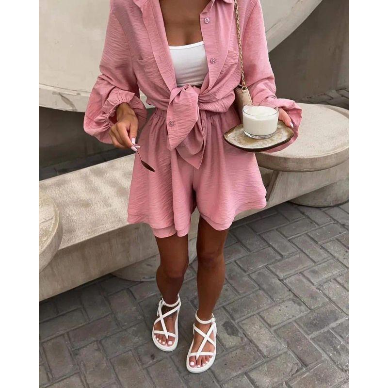 

2025 Summer European and American Women clothes Long sleeve Top Frill Shorts Casual Fashion Set Female Casual Suit Pink L